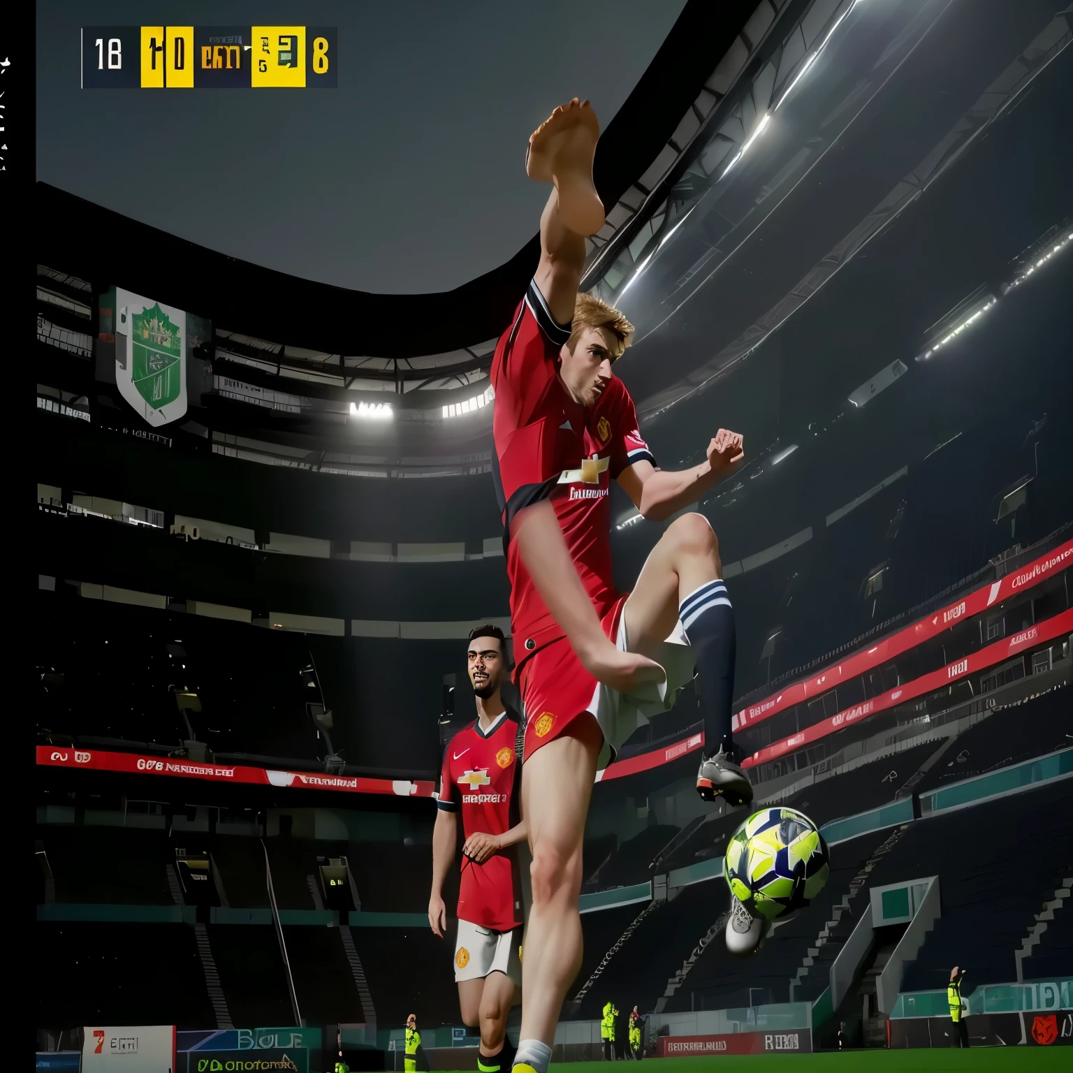 there is a man kicking a soccer ball on a field, 2020 video game screenshot, in game graphic, ultra-realistic graphics, screenshot from game, inspired by Thomas Scholes, game footage, in game style 8k, video game screenshot, height detailed hd realistic 8 k, gameplay footage, screenshot from the game, 8 k realistic hyper detailed, manchester United, hojlund, bruno fernandes
