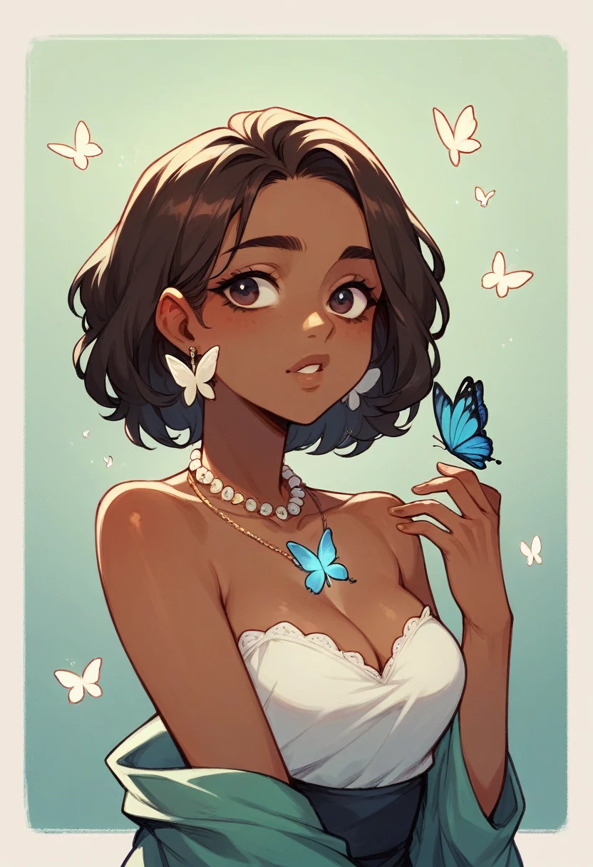 Doll with butterfly necklace and butterfly earrings, straight hair and brown skin