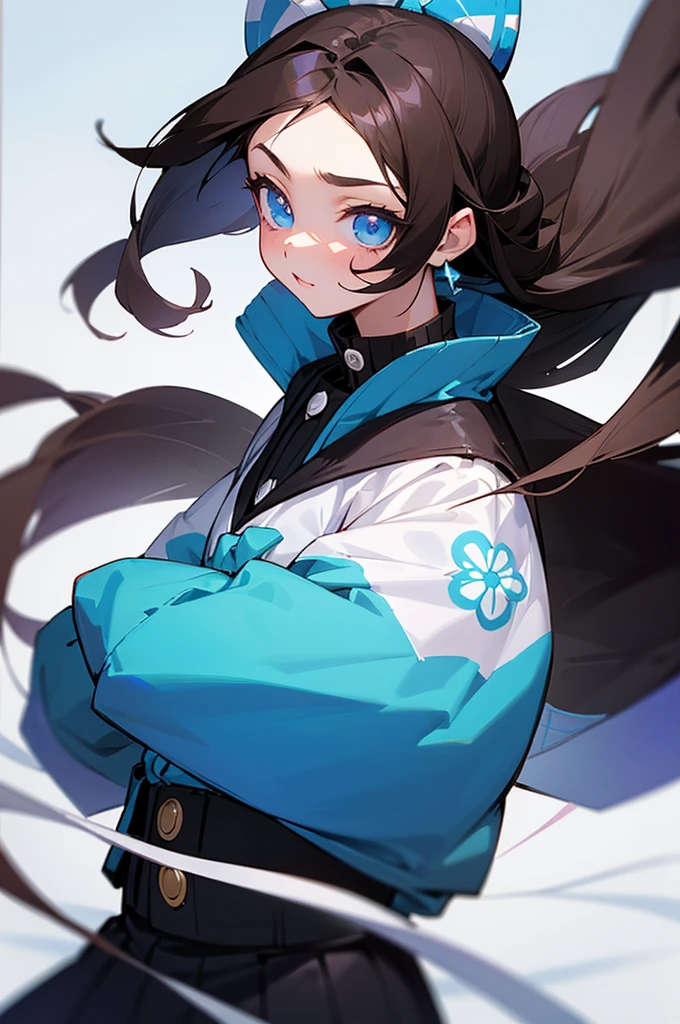A 15 year old girl, with dark brown hair, eyes the same color as her hair. Her skin is fair and she is beautiful. Besides, she has straight hair. Her clothes are white and blue. Your personality is cheerful and outgoing. The image is in the style of the anime Kimetsu no Yaiba.