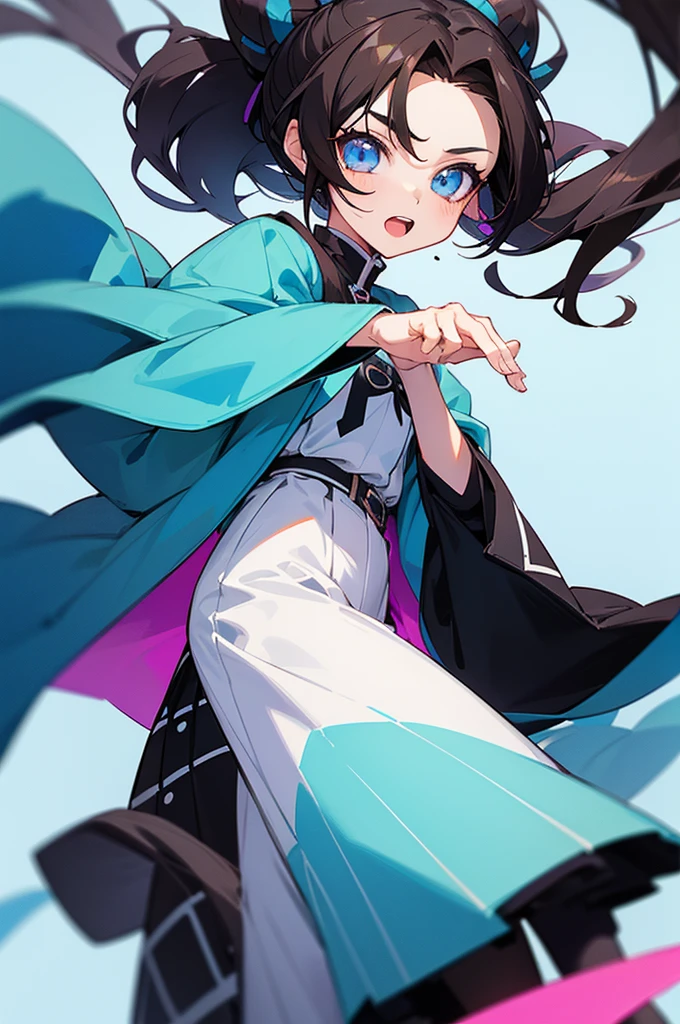 A 15 year old girl, with dark brown hair, eyes the same color as her hair. Her skin is fair and she is beautiful. Besides, she has straight hair. Her clothes are white and blue. Your personality is cheerful and outgoing. The image is in the style of the anime Kimetsu no Yaiba.
