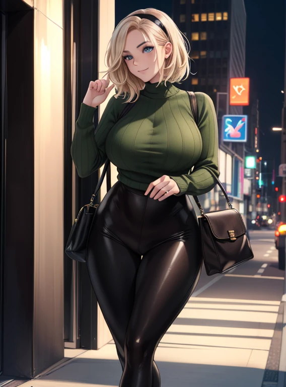 ((ultra quality)), ((masterpiece)), a woman looking at the viewer, expressive, (Gwen Stacy:1.1), platinum blonde hair, bright blue eyes, black hairband, olive green sweater, black leggings, black heels, holding a handbag, smile, walking in new york, looking at viewer, cute pose, leaning forward, (dynamic_angle:1), (dynamic_pose:1.2), (masterpiece:1.2), (best quality, highest quality), (ultra detailed), (8k, 4k, intricate),(full body:1), (Cowboy shot:1.2), (50mm), (highly detailed:1.2),(detailed face:1.2), detailed_eyes,(gradients),(ambient light:1.3),(cinematic composition:1.3),(HDR:1),Accent Lighting,extremely detailed,original, highres,(perfect_anatomy:1.2), (intricate background:1.1), ((depth of field)), ((high quality clear image)), (clear details), ((high detail)), realistically, professional photo session, ((Clear Focus))
