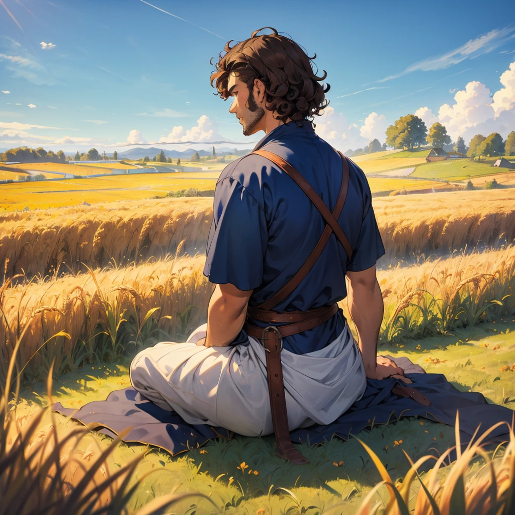 back view of a curly brown-haired man wearing a medieval farmer's outfit, sitting in the wheatfield, blue sky 