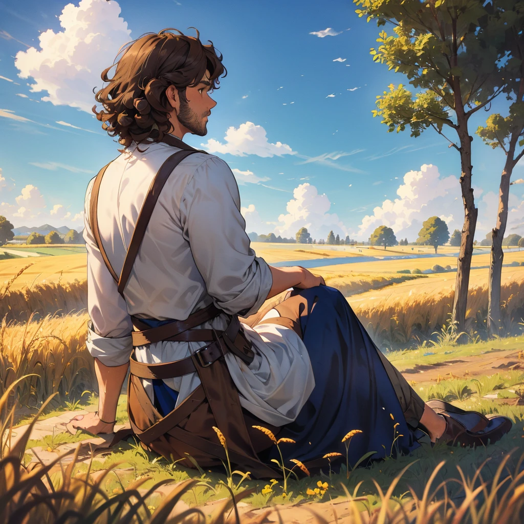 back view of a curly brown-haired man wearing a medieval farmer's outfit, sitting in the wheatfield, blue sky