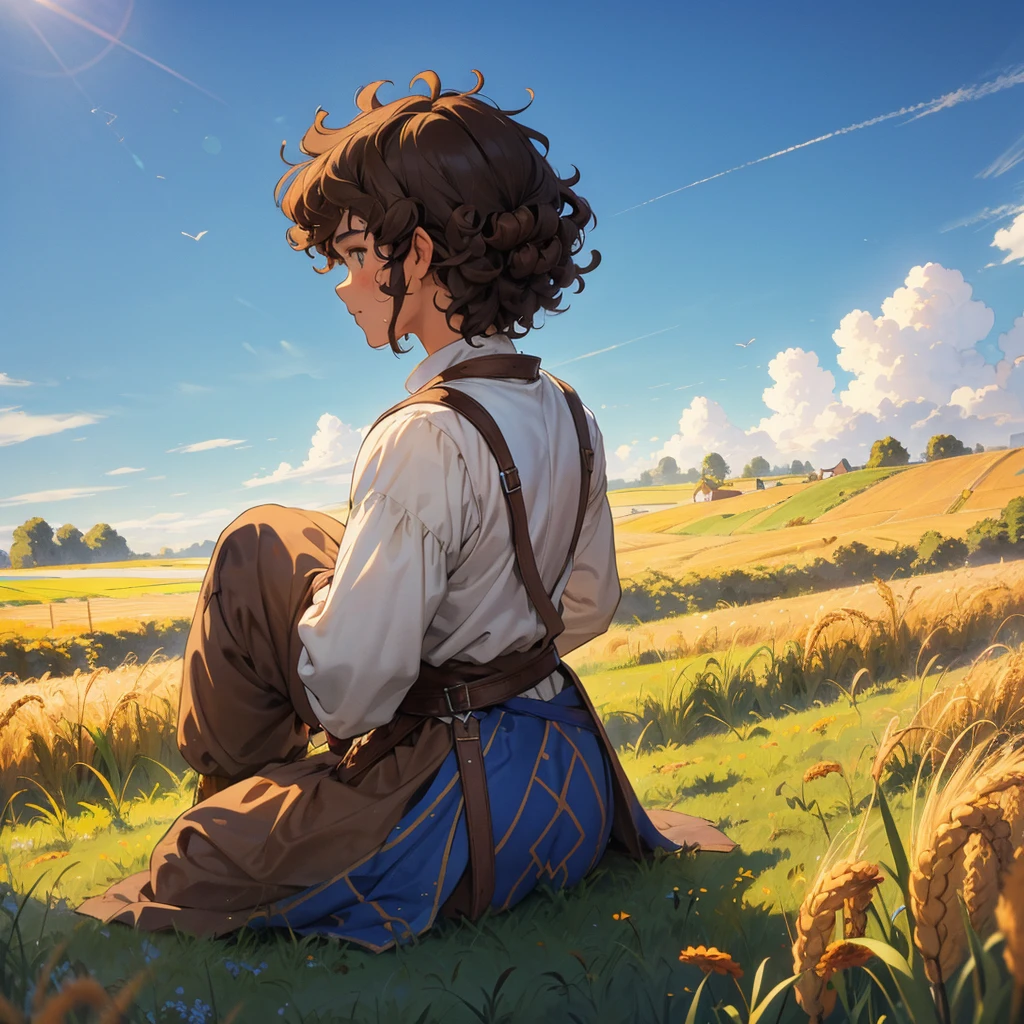 back view of a curly brown-haired man wearing a medieval farmer's outfit, sitting in the wheatfield, blue sky 