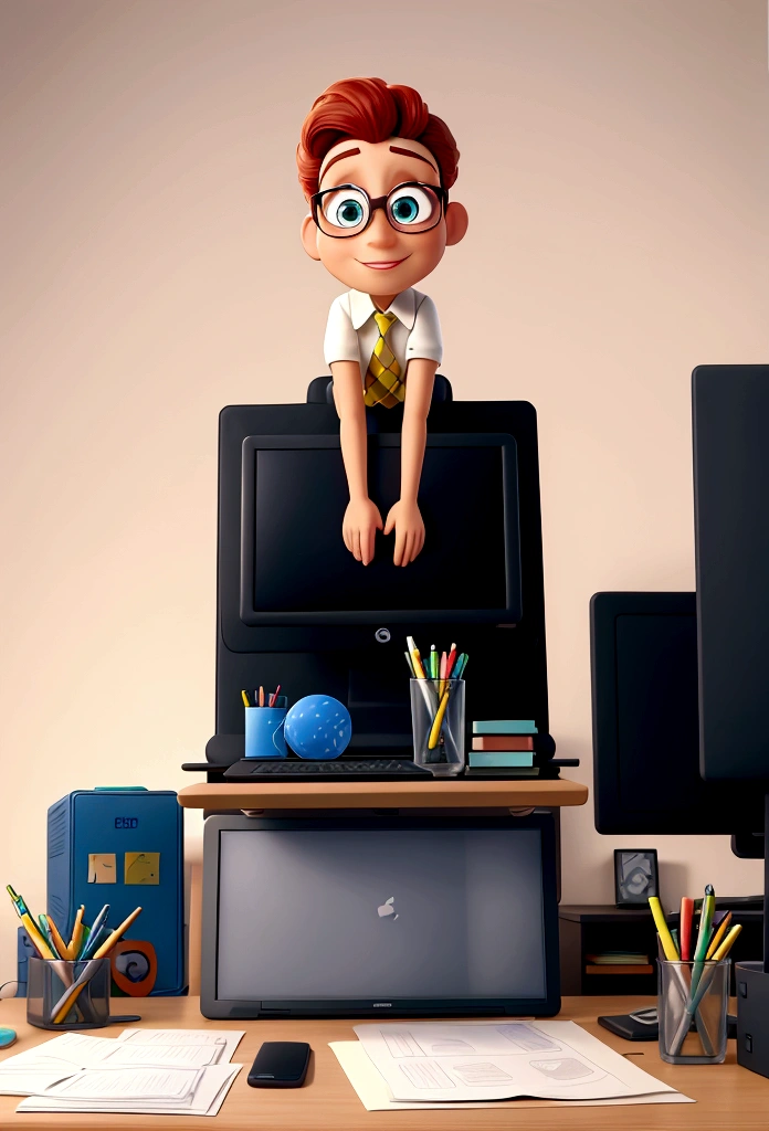 a table with lots of papers and a computer on top. and a white wall in the background. Disney cartoon style