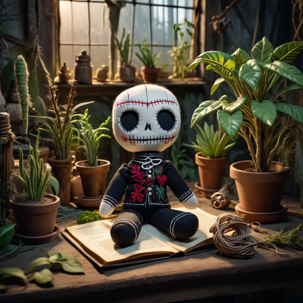 (knitted toy voodoo doll:1.6), (Voodoo Ghost Botanist:1.3), (botanist clothes decorated with silver threads:1.0), (Ghost plants, recipe book:1.1) (against the background Abandoned greenhouse with shadows and light:1.3), best quality, masterpiece, detailed soft oil painting, detailed background, dramatic cinematic lighting, soft edge lighting, professional, dramatic lighting, hard edge lighting, ultra quality, 4k,masterpiece, best quality, 8k, ultra highres, highres, extremely detailed