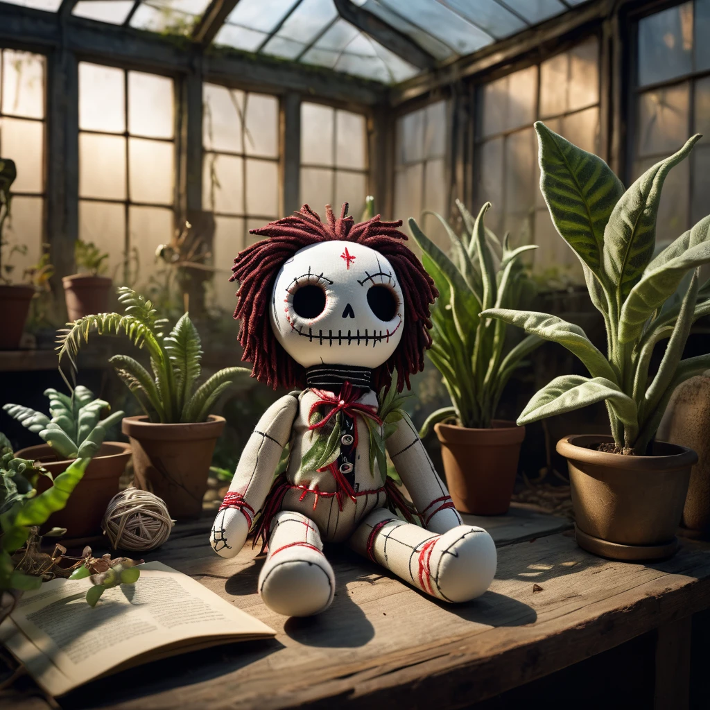 (knitted toy voodoo doll:1.6), (Voodoo Ghost Botanist:1.3), (botanist clothes decorated with silver threads:1.0), (Ghost plants, recipe book:1.1) (against the background Abandoned greenhouse with shadows and light:1.3), best quality, masterpiece, detailed soft oil painting, detailed background, dramatic cinematic lighting, soft edge lighting, professional, dramatic lighting, hard edge lighting, ultra quality, 4k,masterpiece, best quality, 8k, ultra highres, highres, extremely detailed