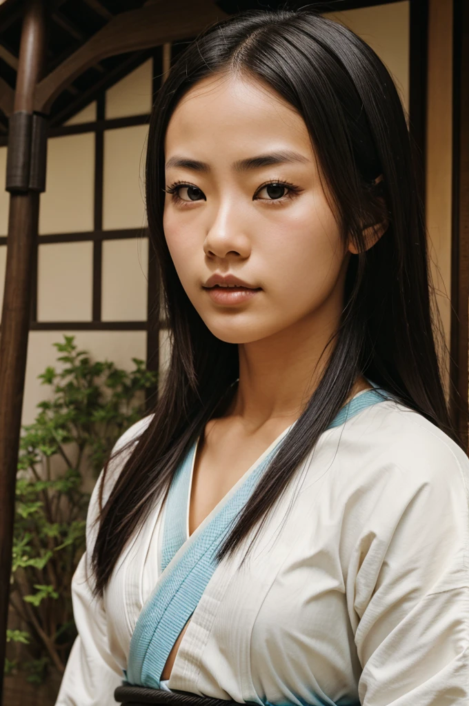 A samurai girl holding sward in front of her face 