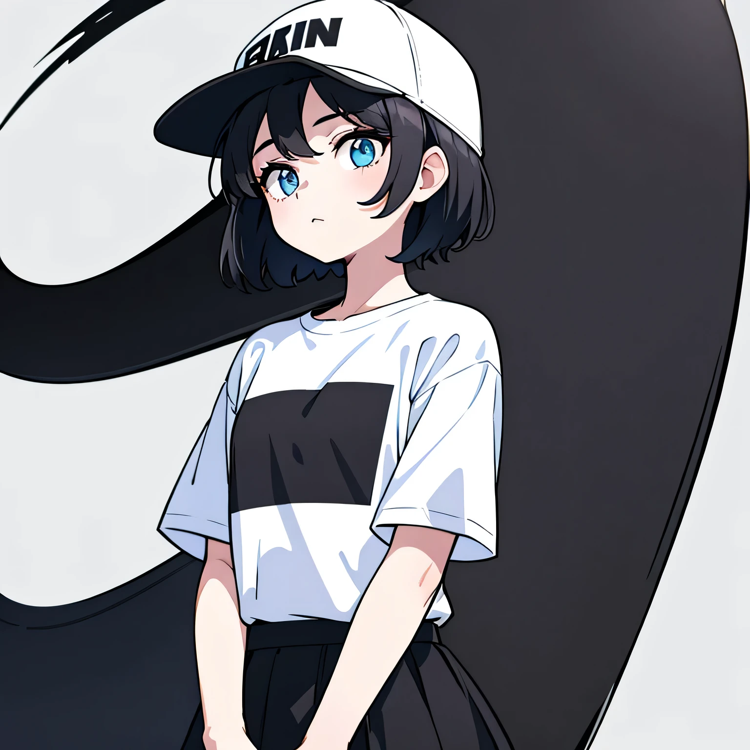 1girl, solo, blue eyes, (detailed eyes), flat chest, short hair, black hair, baseball cap, white cap, ((black t-shirt)), simple t-shirt, black skirt, black socks, standing, upper body, (white background), Transparent background, looking down, ((masterpiece, illustration, best quality))