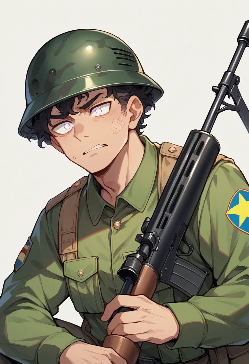 Teenage boy, Brazilian army military clothing, black curly hair, white eye iris and black pupil. Disinterested face, wearing military helmet, military mask on face, holding a sniper rifle.
