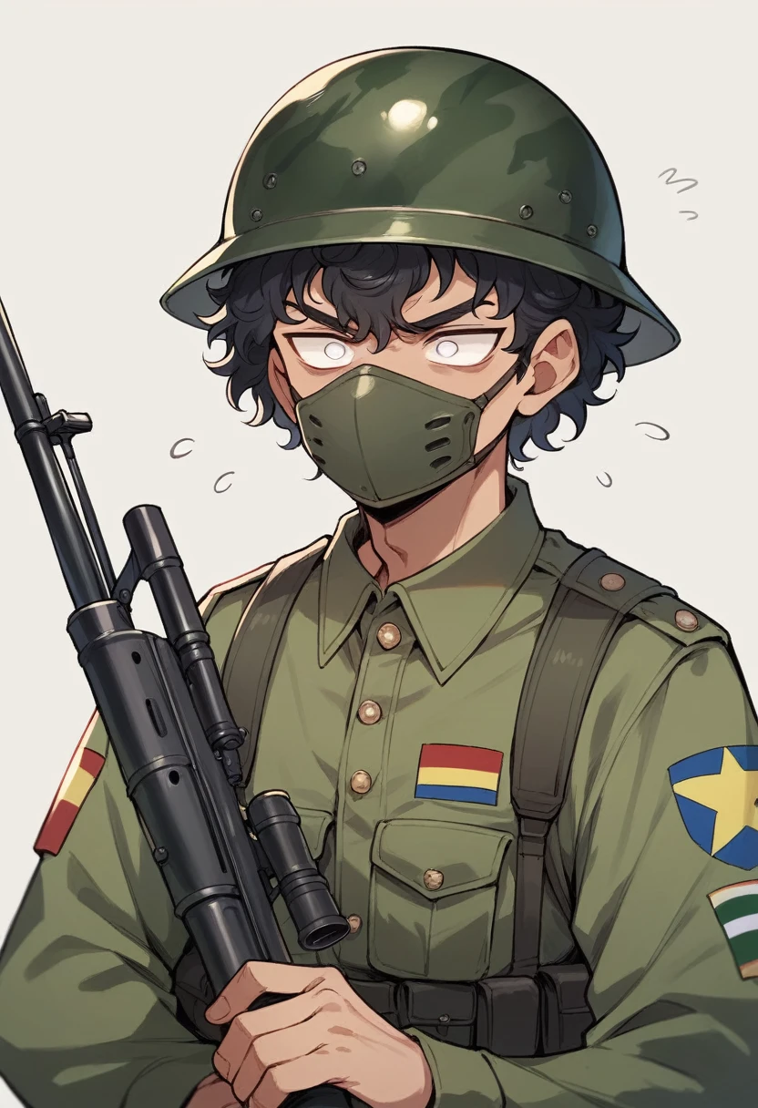 Teenage boy, Brazilian army military clothing, black curly hair, white eye iris and black pupil. Disinterested face, wearing military helmet, military mask on face, holding a sniper rifle.