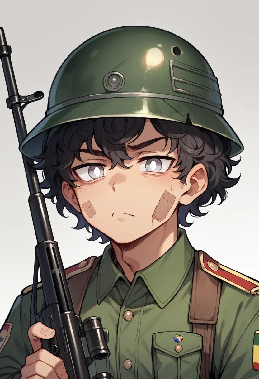 Teenage boy, Brazilian army military clothing, black curly hair, white eye iris and black pupil. Disinterested face, wearing military helmet, military mask on face, holding a sniper rifle.
