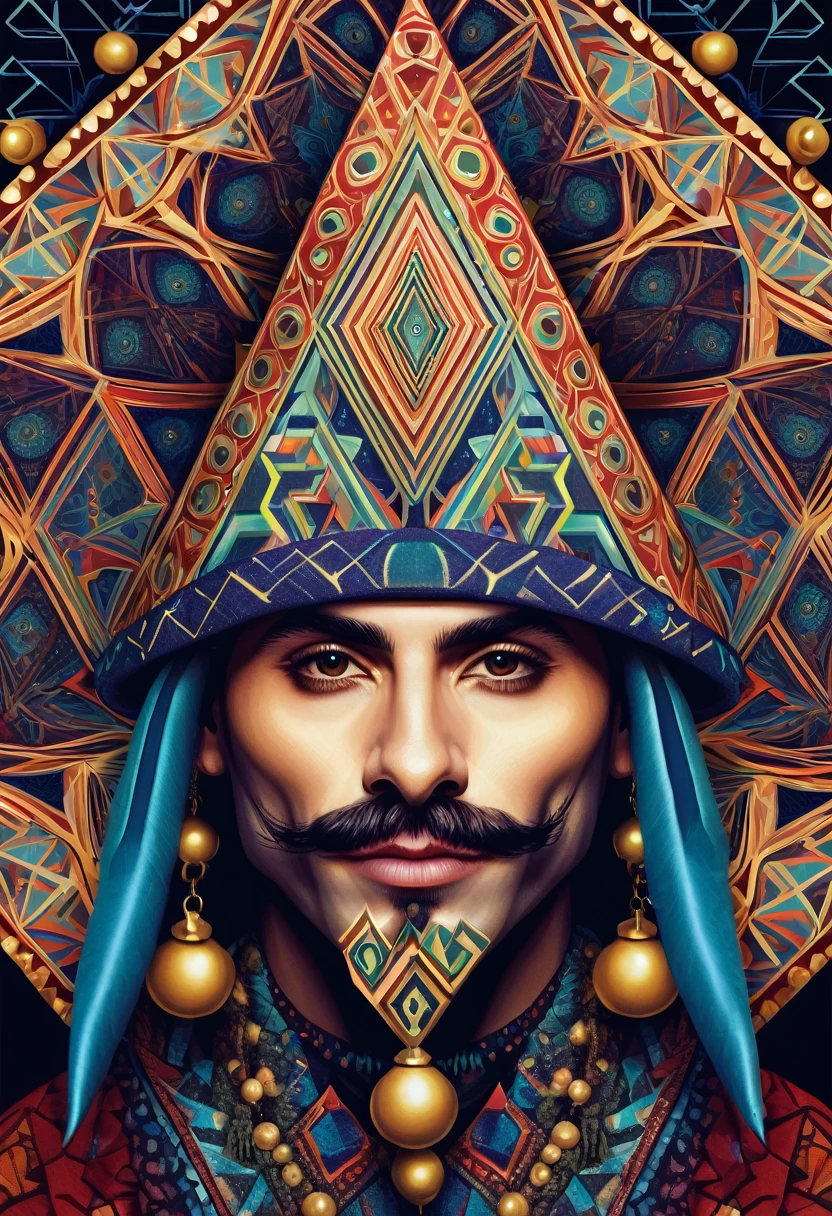 a jester wearing his 6 pointed cap and bells hat and holding a sign, center, detailed, geometric patterns, visionary art, shamanic, dark colors
