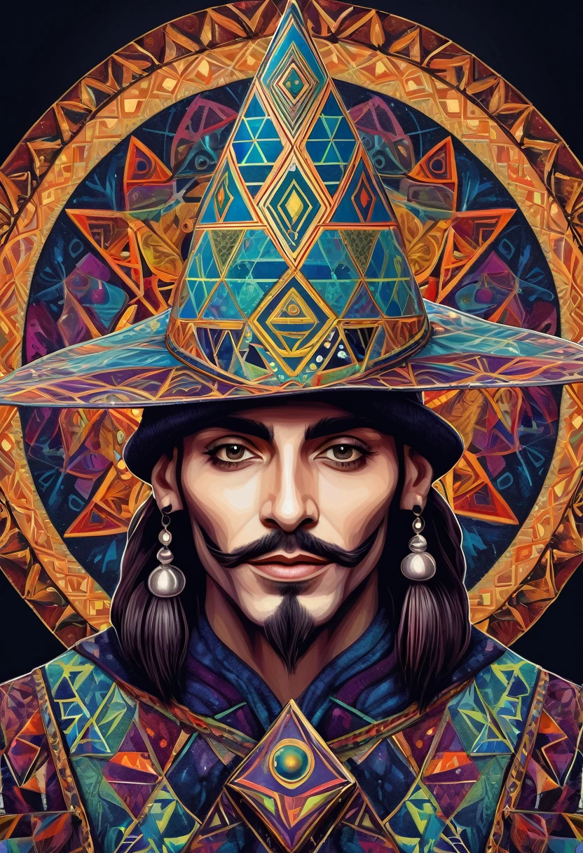 a jester wearing his 6 pointed cap and bells hat and holding a sign, center, detailed, geometric patterns, visionary art, shamanic, dark colors