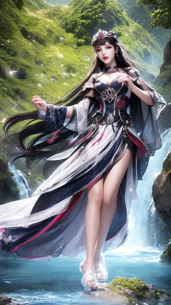 8K, UHD, masterpiece, 1 girl, good face, very long hair, detailed eyes, detailed lips, small breasts, blue cllothing, skirt, necalace, earring, jwellery, in the park, water reflection, unreal engine 5, ray tracing, bloom, god rays, flowers, full body capture,