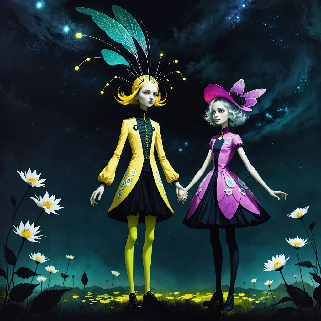 Digital pastel painting by André Uhlisch Art, stylistically reminiscent of Chris Ryniak, Rebecca Sugar and Andy Kehoe: A shadow play in post-apocalyptic futurism. A captivating portrait of two fascinating insects, adorned with striking pastel yellow and grey spots covering their entire bodies. The insects, dressed in modern, stylish outfits, pose amidst a field of bright moonflowers. A radiant hat adorns their heads, adding a touch of whimsy and charm to the scene. The background is a mix of twilight and midnight blue, evoking a dreamy, otherworldly atmosphere. Growing wire structures and an eclectic mix of disco-core fashion create