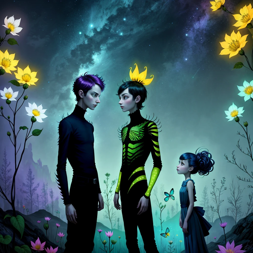 Digital pastel painting by André Uhlisch Art, stylistically reminiscent of Chris Ryniak, Rebecca Sugar and Andy Kehoe: A shadow play in post-apocalyptic futurism. A captivating portrait of two fascinating insects, adorned with striking pastel yellow and grey spots covering their entire bodies. The insects, dressed in modern, stylish outfits, pose amidst a field of bright moonflowers. A radiant hat adorns their heads, adding a touch of whimsy and charm to the scene. The background is a mix of twilight and midnight blue, evoking a dreamy, otherworldly atmosphere. Growing wire structures and an eclectic mix of disco-core fashion create
