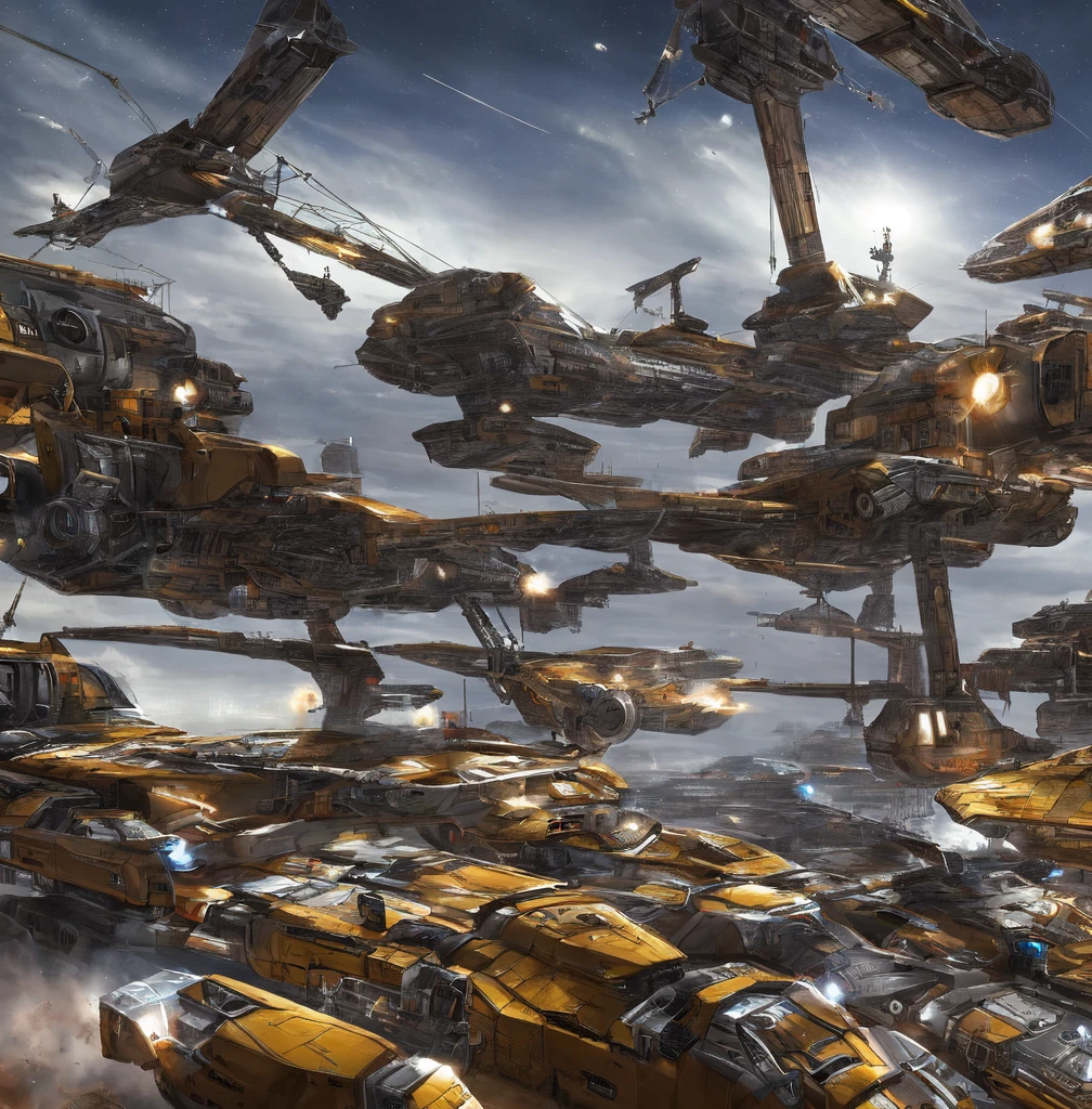 A team of meticulously programmed repair droids meticulously mend the battered hull of a starship hull in the bustling drydock of a space station. The sleek metallic bodies of the droids contrast sharply with the scuffed, utilitarian exterior of the ship. This stunning digital painting captures the intricate details of the scene, from the glowing welding sparks to the intricate patterns of the droids' circuitry. The vivid colors and expert shading create a sense of depth and realism that draws the viewer into the sci-fi world of space engineering.