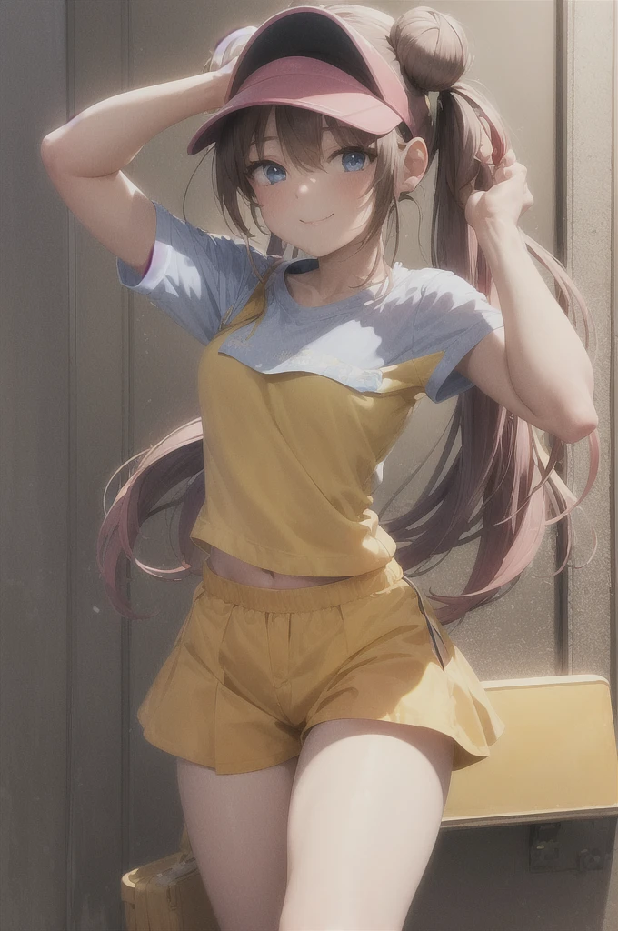 ((masterpiece,best quality)), absurdres, long hair,  ro1, hair bun, blue eyes, twintails, visor cap, pantyhose, raglan sleeves, yellow shorts, shirt, pink bow, wristwatch, solo, smiling, looking at viewer, cowboy shot,  cinematic composition, contrapposto,