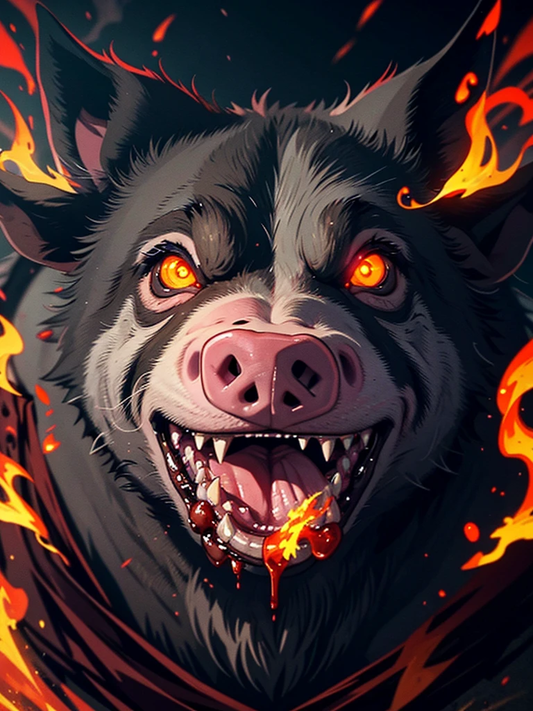 Closeup of an angry pig with very glowing eyes and smoke from its nose and blood from its snout and fangs and its face all over the image with fire and heavy metal guitars and is a poster for a nightmarish horror and horror movie