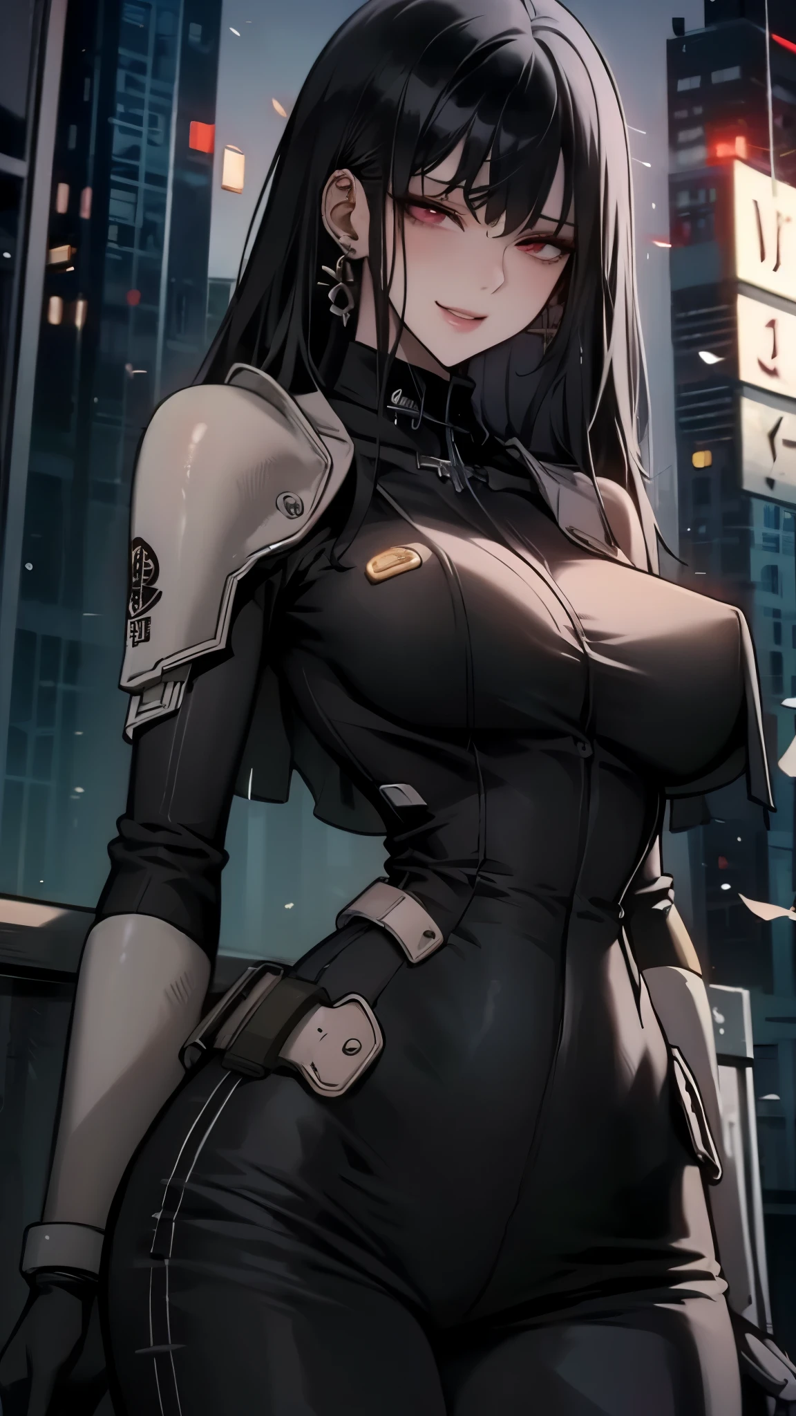 Anime girl with black hair and long straight bangs. She wears a white shirt with shoulder pads and a high collar along with tight body suit pants. A military uniform vest sits on her shoulders. She has a smile expression against a dark city background. It is a high detail, full-body portrait in the style of anime art with an anime aesthetic suitable for an urban fantasy novel cover