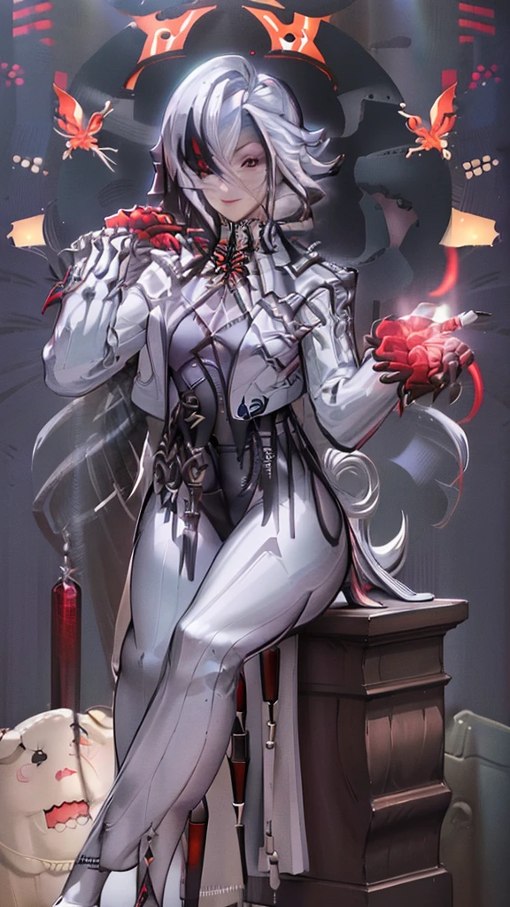 full body Esbian, Anime Girl, White hair, Black eyes, Black and white and red techwear clothes, brack、White the、Red Accessories、Racing cars of the near future、Neon and laser beam stadium、Red Long High Heels,siting,