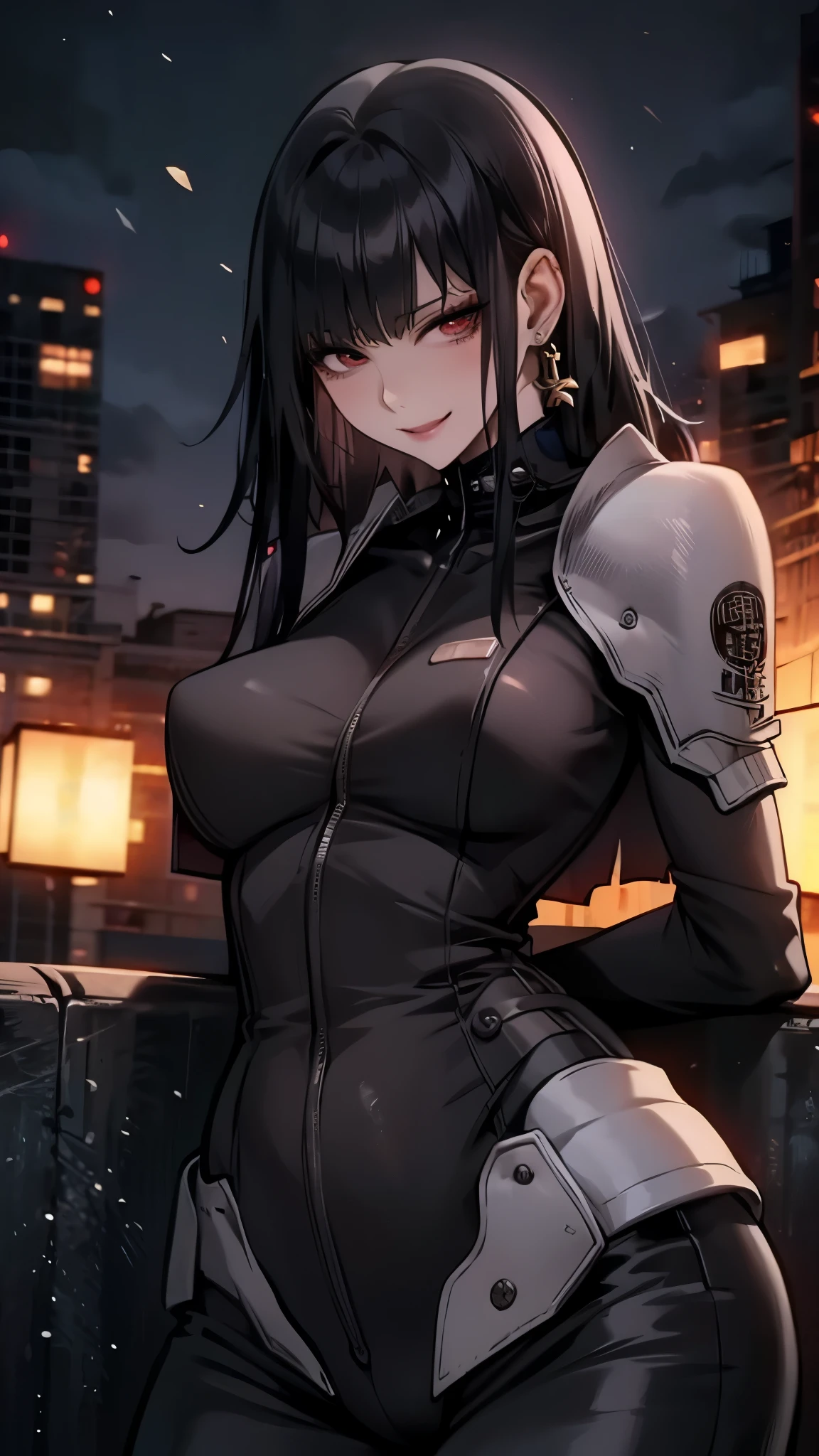 Anime girl with black hair and long straight bangs. She wears a white shirt with shoulder pads and a high collar along with tight body suit pants. A military uniform vest sits on her shoulders. She has a smile expression against a dark city background. It is a high detail, full-body portrait in the style of anime art with an anime aesthetic suitable for an urban fantasy novel cover