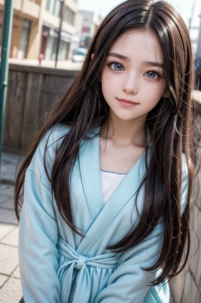 a 15 year old, with dark brown hair, eyes the same color as your hair. Her skin is clear and she is beautiful. What's More, she has straight hair. Your clothes are white and blue. Your personality is cheerful and outgoing. The image is in the style of the anime Kimetsu no Yaiba.