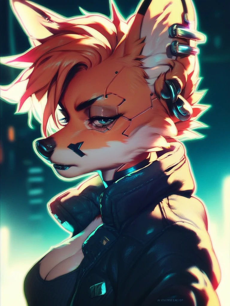 score_9, score_8_up, score_7_up, score_6_up, score_5_up, score_4_up, beautiful female anthro fox portrait, orange fur, punk haircut, pierced ear, black jacket, dramatic neon lighting, outline, cyberpunk city background, detailed fur