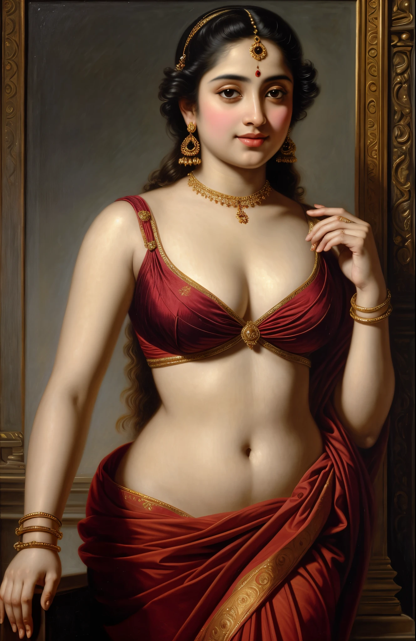Beautiful Indian Woman, wearing saree, sari Beauty, gorgeous, Apsara, Maharani, royal queen woman, nymph from Hindu Mythology, Urvashi, matchless beauty, Highly detailed, Oil Painting by Peter Paul Rubens inspired by Raja Ravi Varma, Matchless beauty, captivating, gorgeous, heavenly beauty, celestial beauty, by Peter Paul Rubens, 13, realistic, hyper realistic, micro details, incredible artwork, insane details, ultra High resolution, 8k, 32k, acrylic on canvas, intricate, flawless, detailed, detailed face, detailed eyes, masterpiece, by Peter Paul Rubens, by Caravaggio, by William Adolphe bouguereau, perfect face, perfect body, beautiful art, realism, baroque, renaissance Art, highly textured, beautiful and detailed eyes, uhd, best quality,