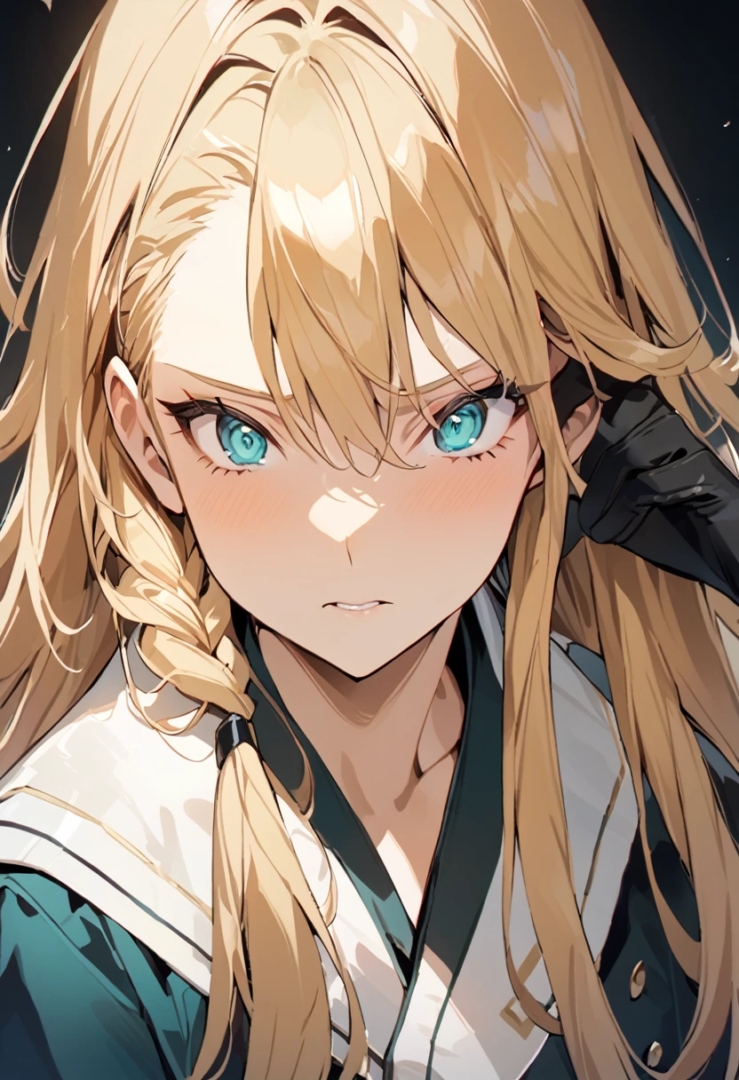 Masterpiece, Perfect face, expressive eyes,1girl, female focus, solo, black gloves, gloves, blonde hair, long hair, clean hair,braided hair, aqua eyes, Bleach style, Bleach