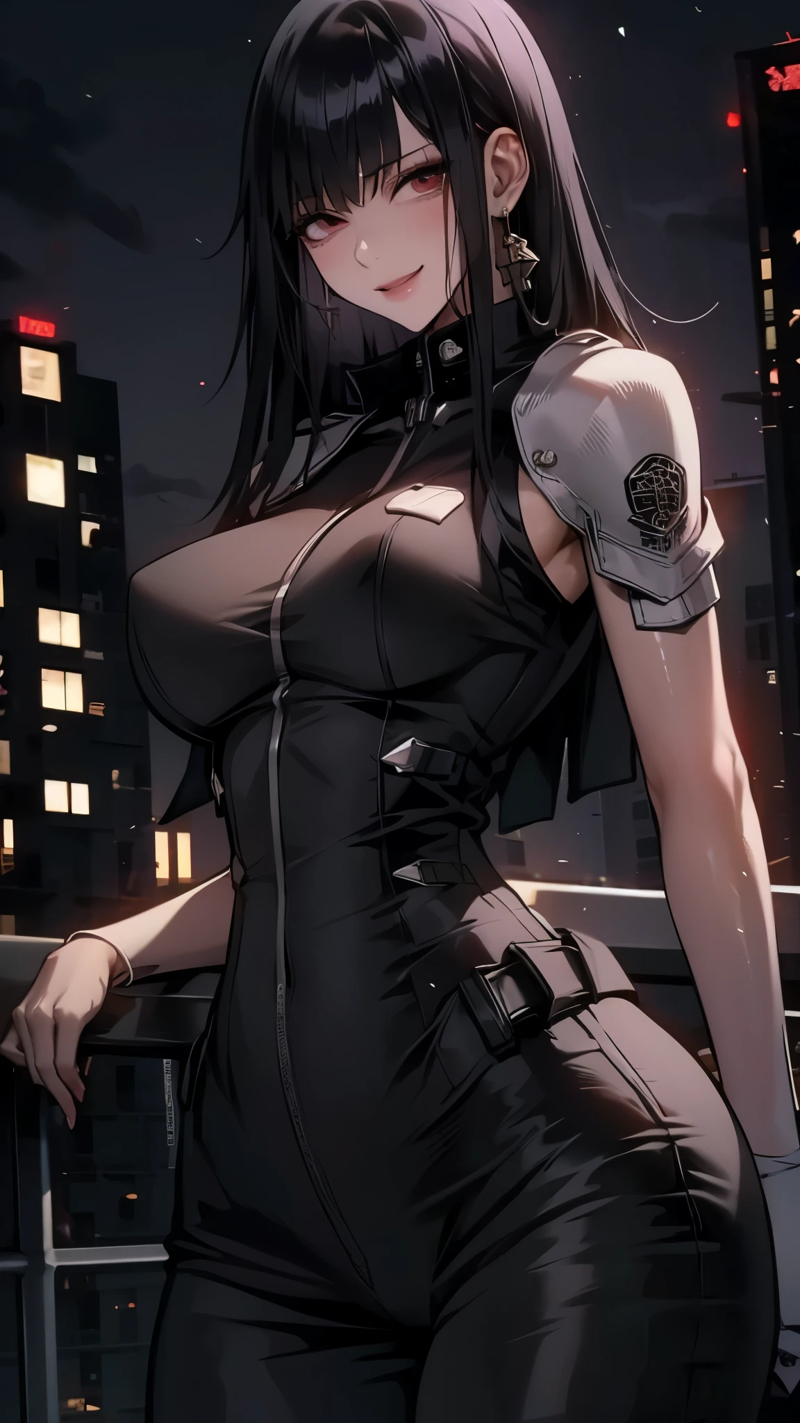 Anime girl with black hair and long straight bangs. She wears a white shirt with shoulder pads and a high collar along with tight body suit pants. A military uniform vest sits on her shoulders. She has a smile expression against a dark city background. It is a high detail, full-body portrait in the style of anime art with an anime aesthetic suitable for an urban fantasy novel cover