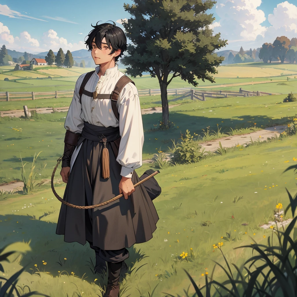 black hair boy with medieval farmer outfit, walking in the grassfield 