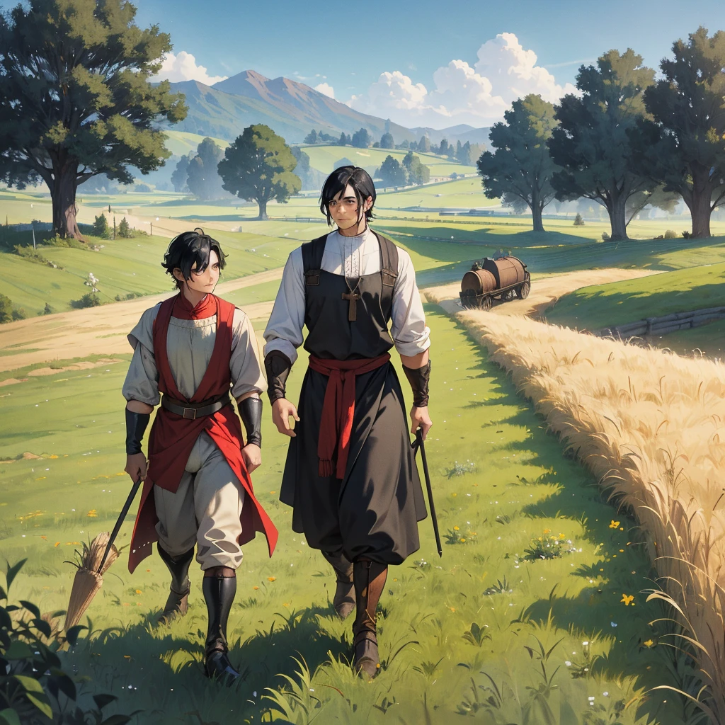 black hair boy with medieval farmer outfit, walking in the grassfield 
