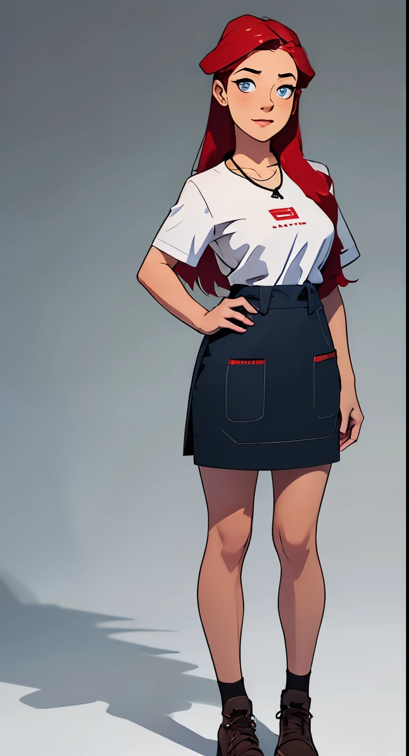 masterpiece, best quality, full body,1girl,the highest image quality, 21 year old girl, red hair, long hair, light blue eyes, tight white graphic t-shirt, waitress apron and denim shorts, wearing a black cord necklace, large breasts, White background, empty background whole body , neutral pose, happy expression