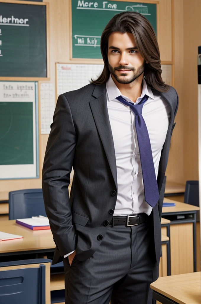 Create a male student teacher with medium long hair 