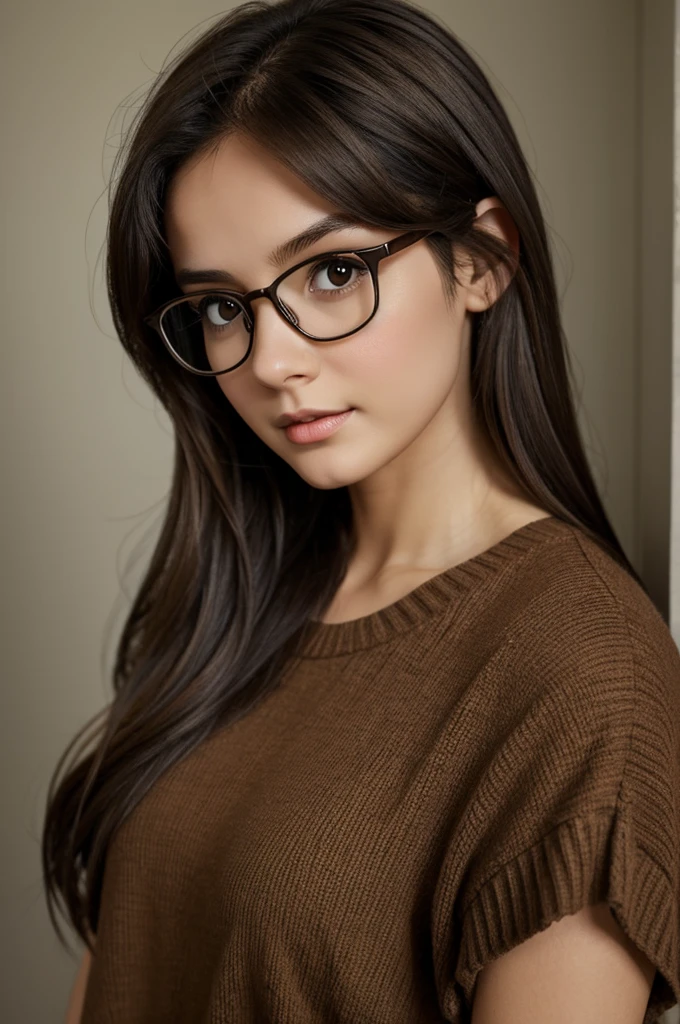 Animated girl, with glasses, medium dark brown hair, dark brown eyes