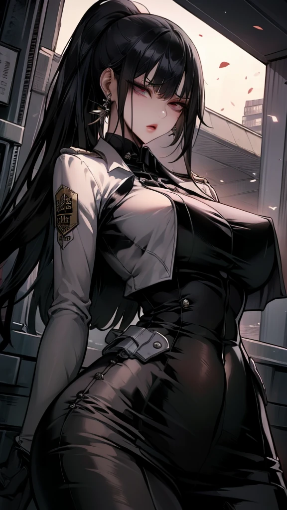 Lin Wei, a beautiful human-hybrid with striking black eyes and long black hair tied in a high ponytail, stands confidently. She looks directly at the camera with a determined and intelligent gaze. Her military uniform fits perfectly, highlighting her strong yet feminine physique. Her presence exudes strength, grace, and leadership. The background suggests a futuristic starship setting, adding to her commanding and powerful aura.