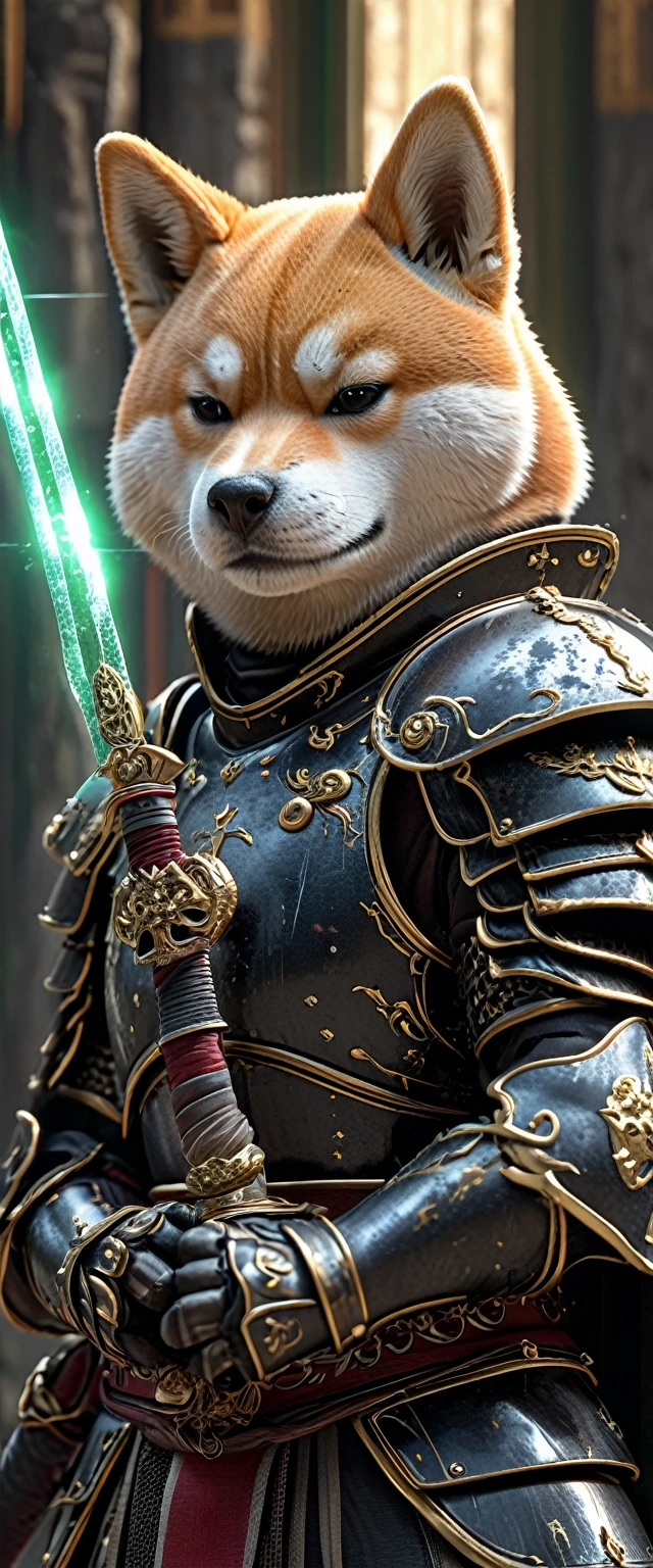 Close-up shot of a Shiba Inu, Shiba Inu Samurai,whole body, He has a Japanese sword wrapped in lightning., Wearing black Japanese armor, Japanese castle background, High resolution, masterpiece, Highest quality, Super detailed, Super detailed, Ultra-realistic,
 Hong Kong Style, 3D Fluffy, Cute and adorable close-ups, Cute big round reflective eyes, Long fuzzy fur, Pixar Rendering, unreal engine Cinematic smooth, Exquisite detail, Cinematic