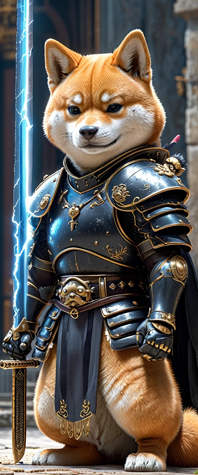 Close-up shot of a Shiba Inu, Shiba Inu Samurai,whole body, He has a Japanese sword wrapped in lightning., Wearing black Japanese armor, Japanese castle background, High resolution, masterpiece, Highest quality, Super detailed, Super detailed, Ultra-realistic,
 Hong Kong Style, 3D Fluffy, Cute and adorable close-ups, Cute big round reflective eyes, Long fuzzy fur, Pixar Rendering, unreal engine Cinematic smooth, Exquisite detail, Cinematic