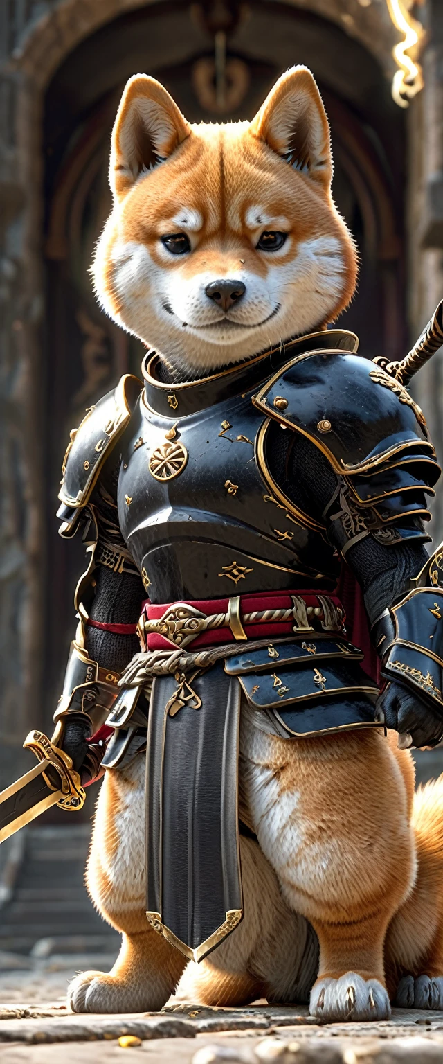 Close-up shot of a Shiba Inu, Shiba Inu Samurai,whole body, He has a Japanese sword wrapped in lightning., Wearing black Japanese armor, Japanese castle background, High resolution, masterpiece, Highest quality, Super detailed, Super detailed, Ultra-realistic,
Hong Kong Style, 3D Fluffy, Cute and adorable close-ups, Cute big round reflective eyes, Long fuzzy fur, Pixar Rendering, unreal engine Cinematic smooth, Exquisite detail, Cinematic