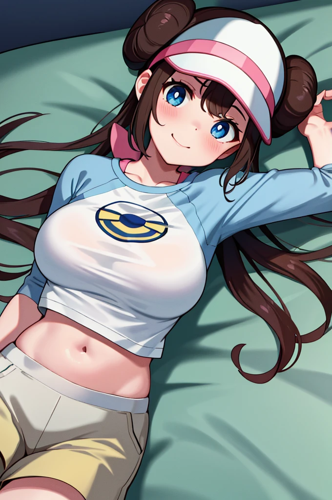 masterpiece, top-quality, hight resolution, RO1, Hair buns, blue eyess, Twin-tailed, Visor Cap, raglan sleeves, Yellow shorts, The shirt, Pink ribbon, Watches,large full breasts、、appealing breast、breastso、sexy tummy, tetas grandes, solo, 1girl, BEDROOM background, hands on chest, embarrased, blush, smile, lying on bed,