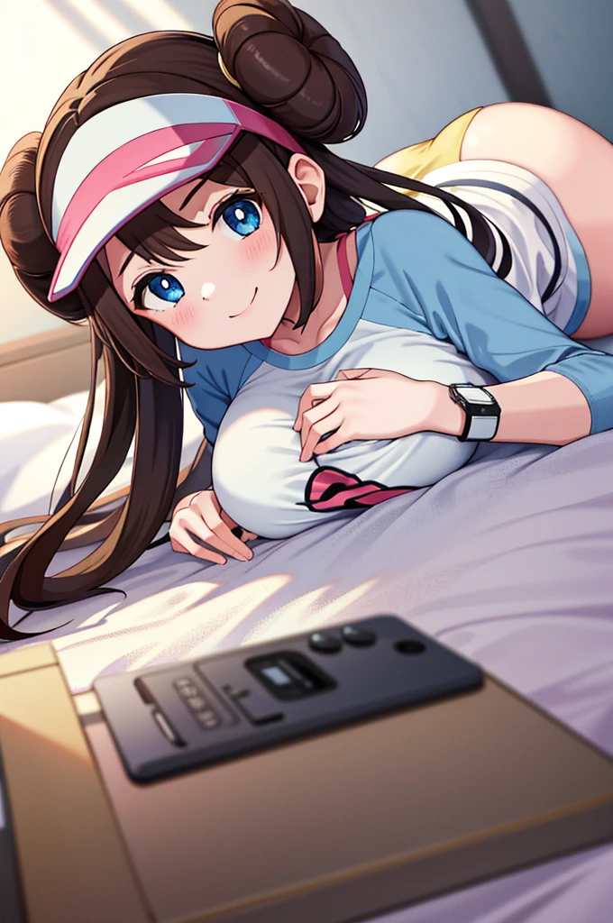 masterpiece, top-quality, hight resolution, RO1, Hair buns, blue eyess, Twin-tailed, Visor Cap, raglan sleeves, Yellow shorts, The shirt, Pink ribbon, Watches,large full breasts、、appealing breast、breastso、sexy tummy, tetas grandes, solo, 1girl, BEDROOM background, hands on chest, embarrased, blush, smile, lying on bed,