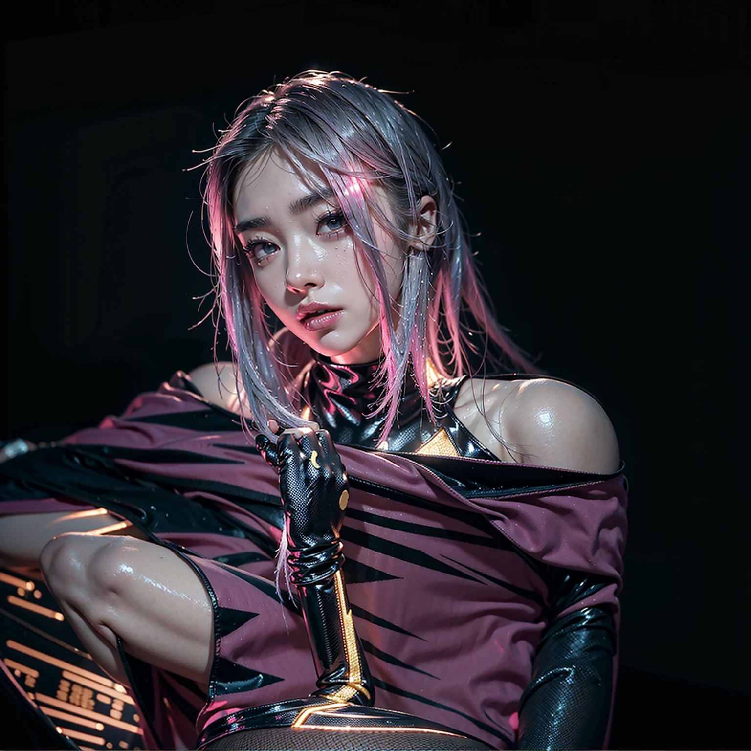 highest quality、surreal、perfect anatomy、Wet and shiny white skin、model body shape、Sweat dripping all over the body、Super small face、Ahegao、Cyberpunk City、Fishnet tights、garter belt、Pink, silver and gold hair、Black micro bikini、Neon lights、tattoo、Ultra Low Rise、Cleavage、Precise pubic area、Bondage Fashion、Erect nipples、Lewd woman、latex、hot pants、Bust Shot、0082
