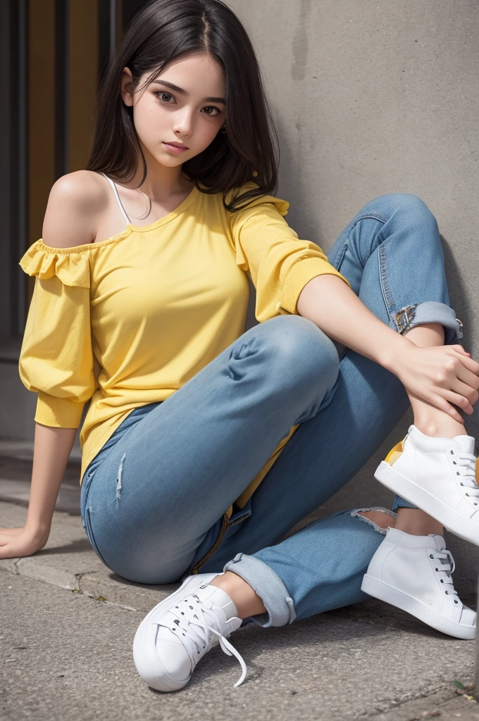 A cute 18 year old woman,Jeans ripped at the knee, a yellow blouse with thin fabric sleeves and a white shirt underneath. Sneakers on my feet and my cell phone in my hand.