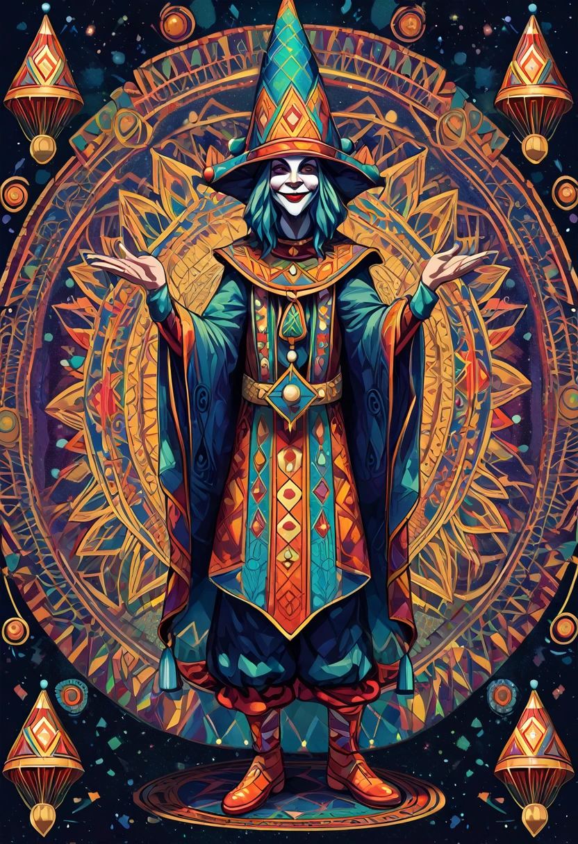 a jester wearing his 6 pointed cap and bells hat and holding a sign, full body, center, detailed, geometric patterns, visionary art, shamanic, dark colors