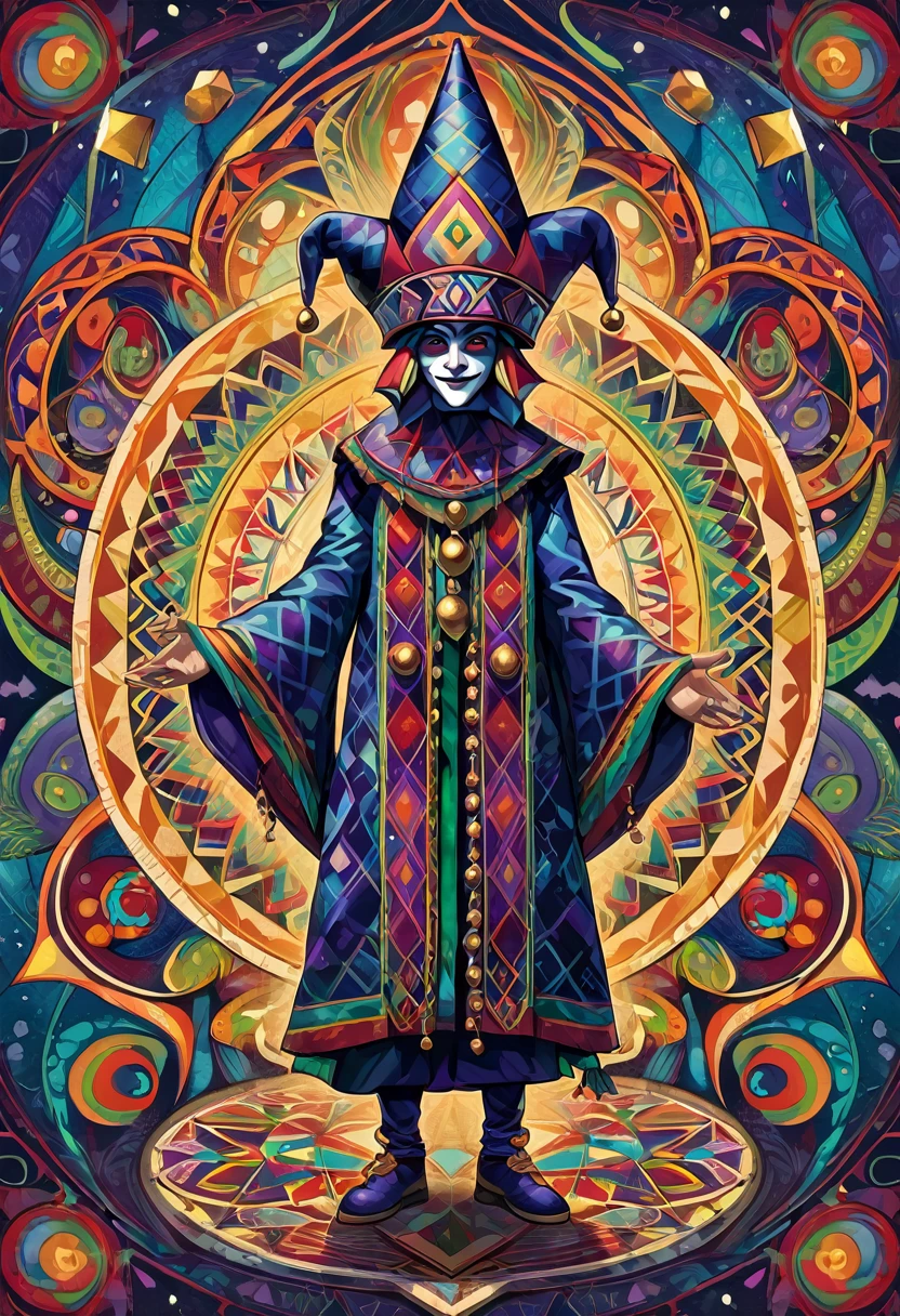 a jester wearing his 6 pointed cap and bells hat and holding a sign, full body, center, detailed, geometric patterns, visionary art, shamanic, dark colors
