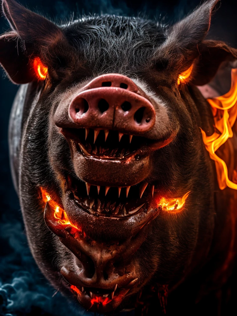 Closeup of an angry pig with very glowing eyes and smoke from its nose and blood from its snout and fangs and its face all over the image with fire and heavy metal guitars and is a poster for a nightmarish horror and horror movie