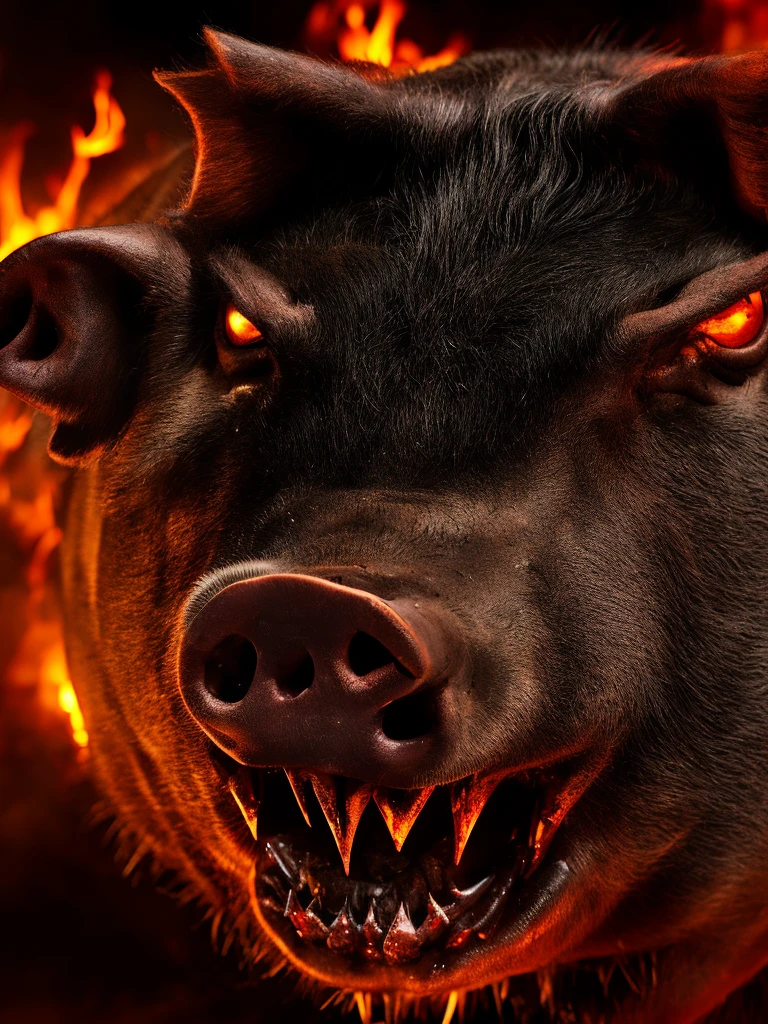 Closeup of an angry pig with very glowing eyes and smoke from its nose and blood from its snout and fangs and its face all over the image with fire and heavy metal guitars and is a poster for a nightmarish horror and horror movie 