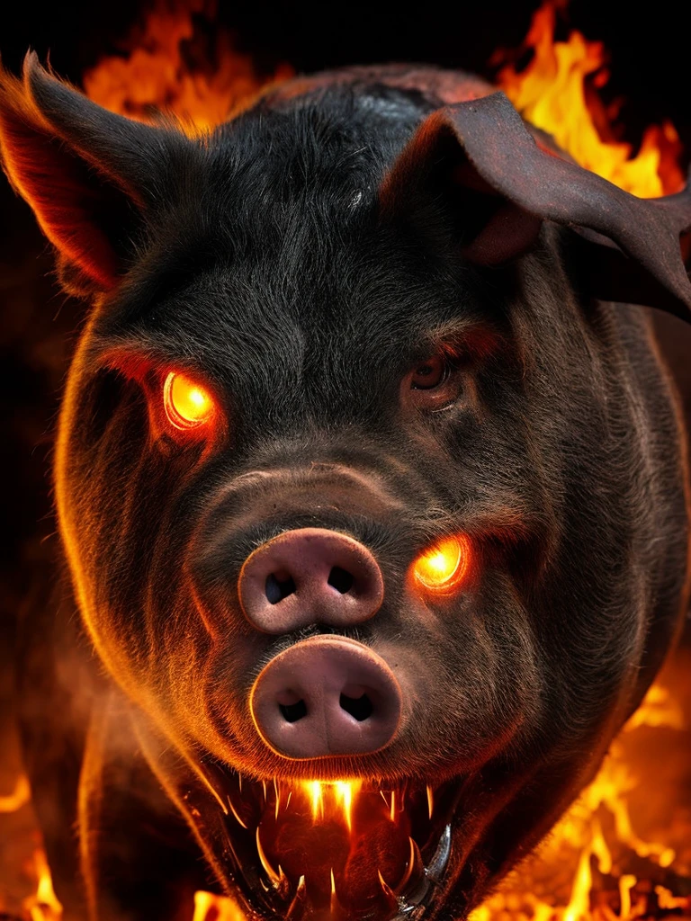 Closeup of an angry pig with very glowing eyes and smoke from its nose and blood from its snout and fangs and its face all over the image with fire and heavy metal guitars and is a poster for a nightmarish horror and horror movie